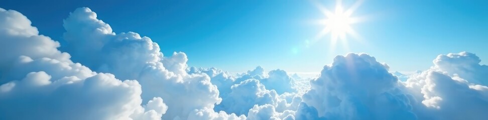 Fototapeta premium The sun shines down on a brilliant white landscape of fluffy clouds, outdoorsy, blue