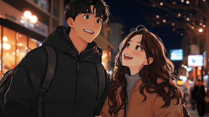 Young couple enjoying a lively evening stroll under streetlights in an animated city setting