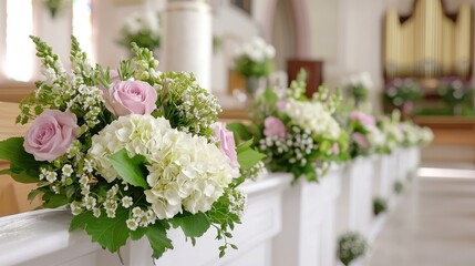 Pink and white floral arrangements church pews wedding ceremony