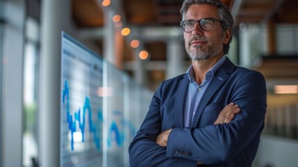 Business professional analyzing data trends in modern office environment during daylight hours