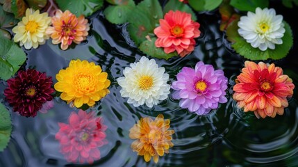 Colorful assortment of water lilies floating on a serene pond, surrounded by lush greenery