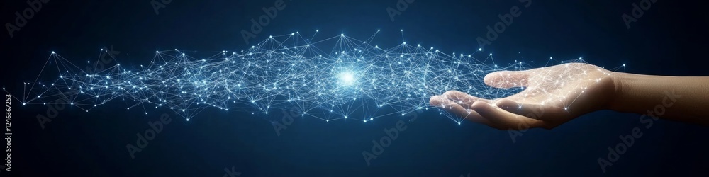 Poster hand interacting with glowing network on blue background, data points connection concept