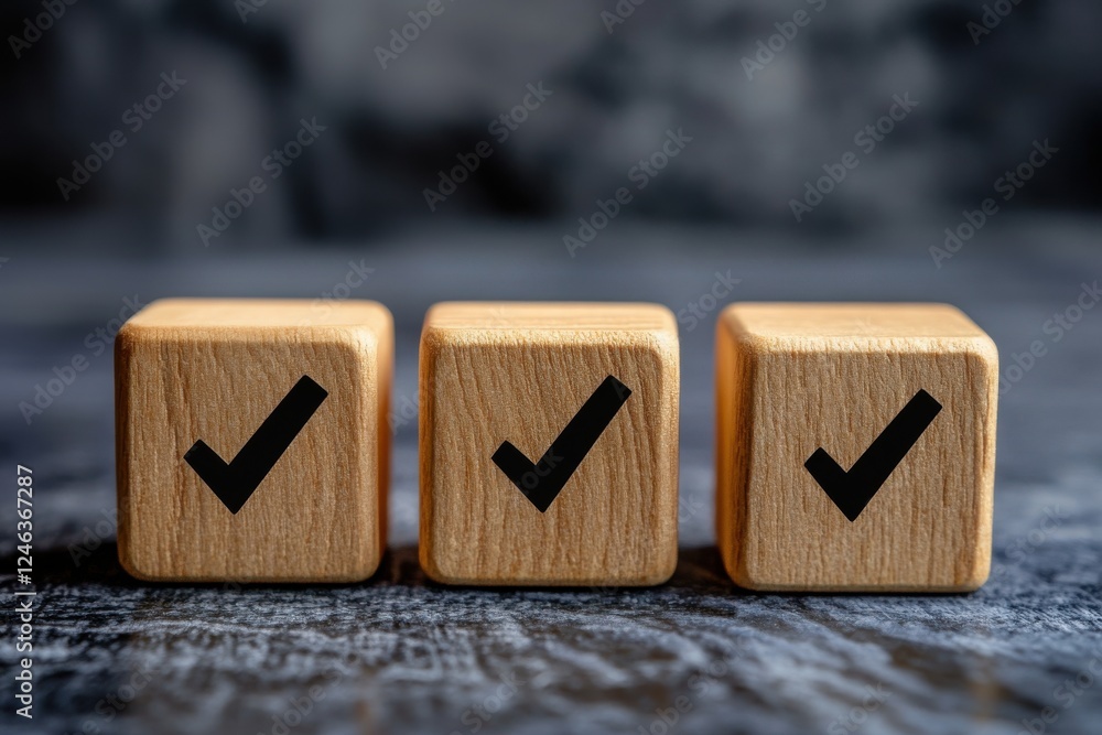 Poster three wooden blocks with check marks on a textured surface, symbolizing completion or approval.