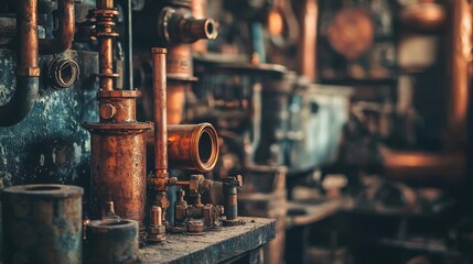 Industrial Workshop with Vintage Pipes and Equipment in Soft Light