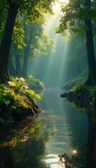 Fototapeta premium The earthy scent of damp soil rises from a peaceful pond, atmosphere, water