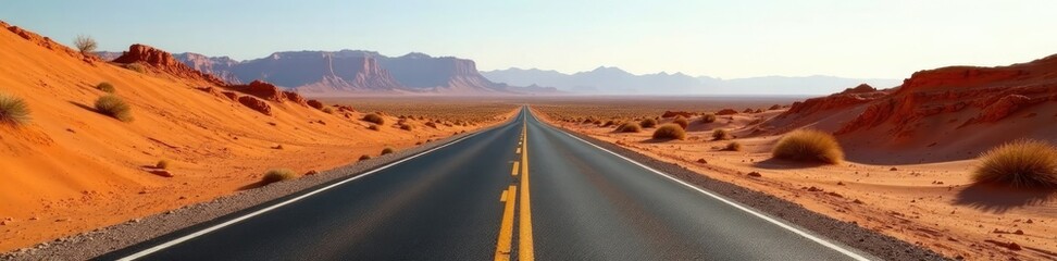 Tar road winding its way through desert landscape, vastness, tar road