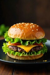Tapa de hamburguesa res con queso en un plato negro y decorado, negro, hamburguesa