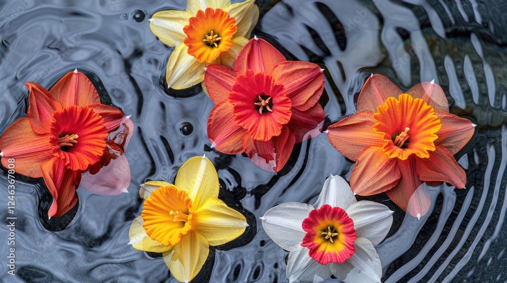 Aufkleber vibrant flowers in various colors floating on water, creating ripples in a serene setting