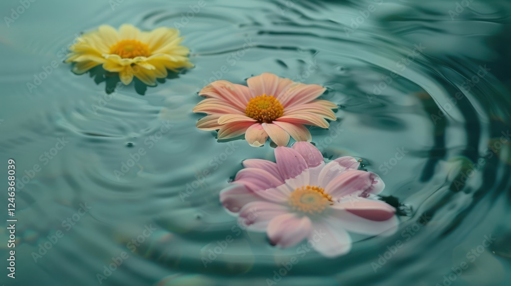 Aufkleber three colorful flowers floating on water surface, creating ripples in a serene environment