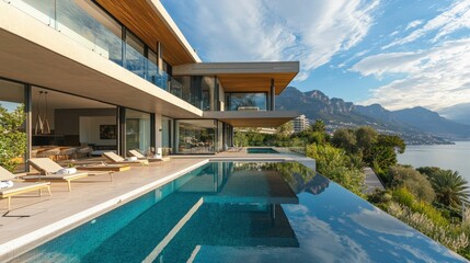 Fototapeta premium Modern Luxury Villa with Infinity Pool Overlooking Scenic Landscape