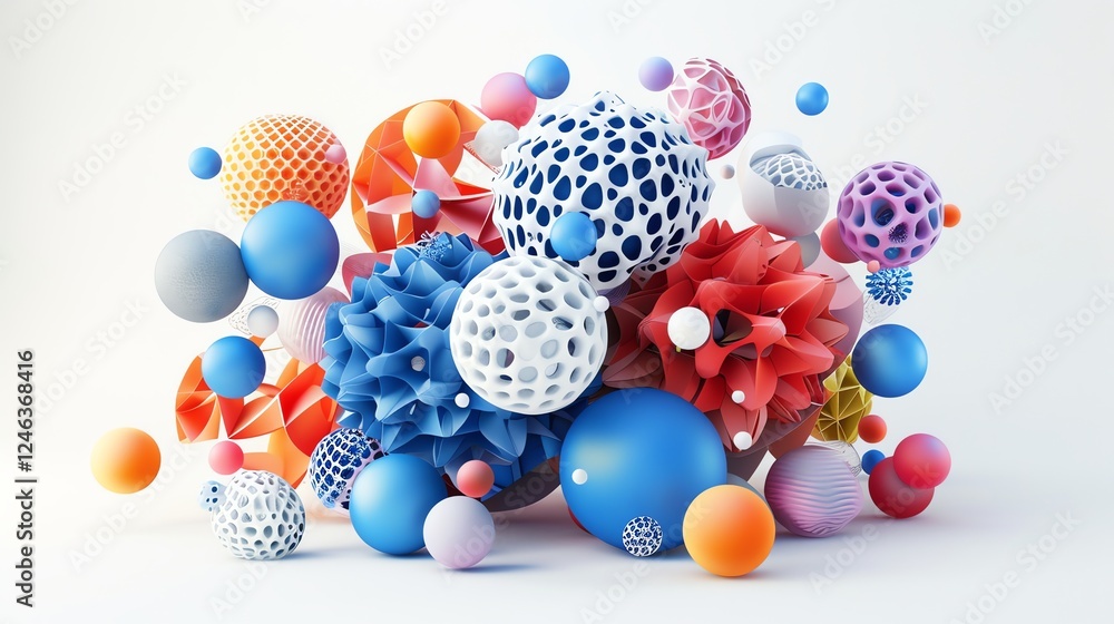 Poster a 3d rendering of a collection of colorful geometric shapes.