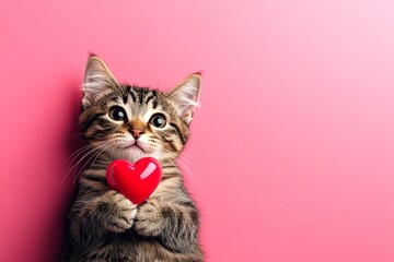 Obraz premium Cute savannah baby cat with domestic animal toy red heart - sign of love, funny greeting card. Digital ads pattern. Savannah - my preferred cat. Valentine's animal portrait. Adorable kitten.