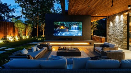 Modern Outdoor Living Space with Television and Cozy Seating Area