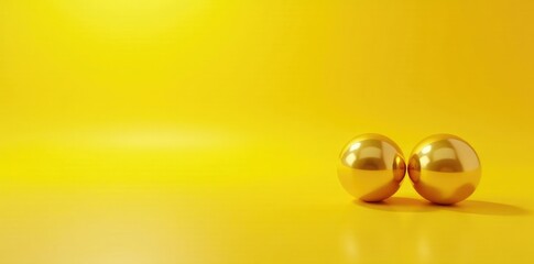 Small golden spheres suspended on a smooth yellow surface with subtle ripples, serene colors, reflective surface