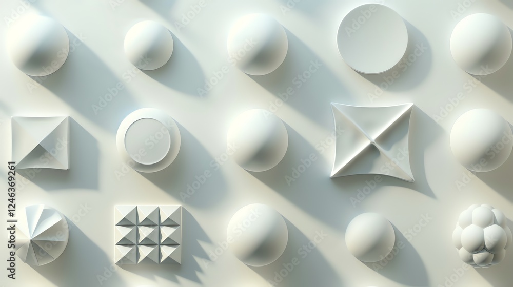 Poster a 3d render of a collection of simple geometric shapes against a white background.