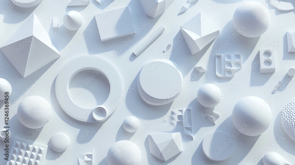 Poster a 3d render of a collection of simple geometric shapes against a white background.