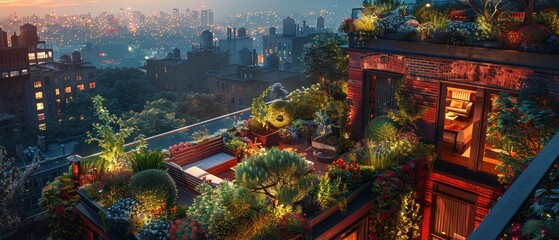 Fototapeta premium Rooftop garden oasis with vibrant plants, cozy seating, and city skyline view at sunset