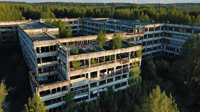 A large abandoned concrete structure with broken windows and overgrown vegetation sits in the middle of a dense forest. Concept of urban decay, nature reclaiming architecture, and post-apocalyptic sce