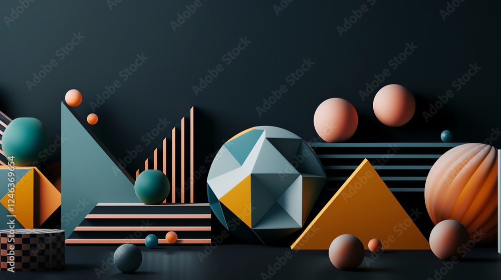 Poster a 3d rendering of geometric shapes in different colors and textures on a dark blue background.