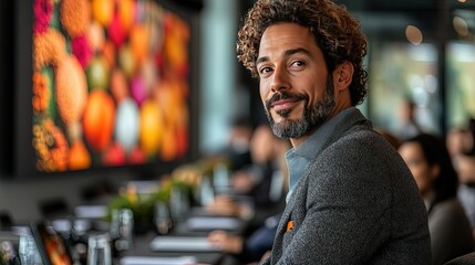 Fototapeta premium A business meeting focused on sustainable packaging solutions, with samples and presentations, under bright lights, with a modern boardroom background.