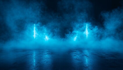 Obraz premium Blue neon lights illuminate smoky urban street, background for design