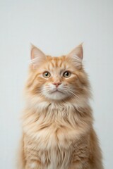 Obraz premium A fluffy orange cat gazes calmly, showcasing its vibrant fur and expressive eyes against a neutral background.