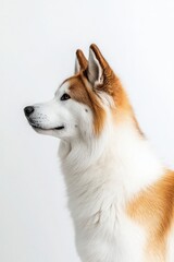 Obraz premium A side profile of a beautiful, fluffy dog with white and orange fur, showcasing its elegant features against a plain background.