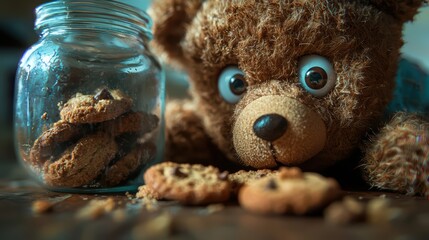 Cute teddy bear curiously inspecting a jar of homemade cookies