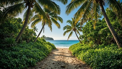 Obraz premium Discover a secluded paradise with a lush jungle trail palm trees creating a natural archway and the soothing echoes of ocean waves