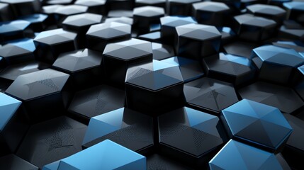 Abstract 3D background of black and blue hexagons.