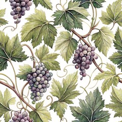 Obraz premium Seamless pattern, watercolour style, vintage pattern with vines and ripe bunches of grapes