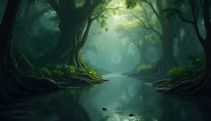 High-Resolution Tropical Swamp with Mangrove Roots, Misty Air, and Sunlight Through Canopy