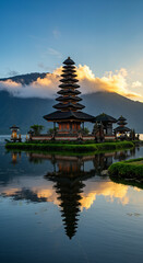 Serene Sunrise at a Traditional Temple by the Lake