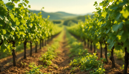 Naklejka premium High-Resolution Vineyard in Early Spring with Green Vines and Rolling Hills in Warm Sunlight