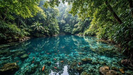 Obraz premium Tranquil jungle pond mirroring vibrant greenery with colorful fish swimming below Serene nature scene with crystal clear water