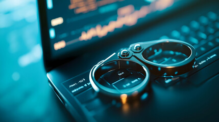 A close-up of handcuffs resting on a laptop keyboard, symbolizing cybersecurity, crime, and digital surveillance in a tech-focused environment.