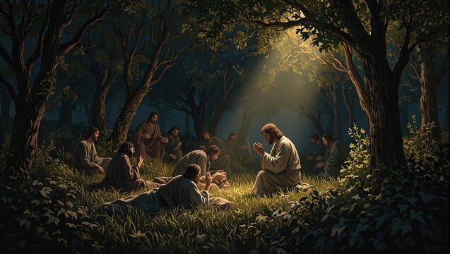 A serene depiction of Jesus praying in Gethsemane His disciples resting and divine light illuminating the scene Ideal for religious concepts