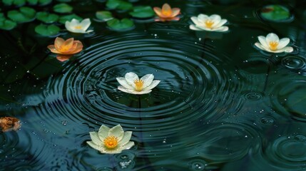 Serene water lilies floating on a tranquil pond, ripples forming from gentle rain in the background