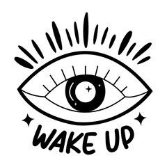 A glyph sticker of an eye with wake up typography
