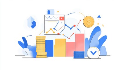 Naklejka premium Growing bars graph rising forward achievement goal, Business chart graph and coin stacks