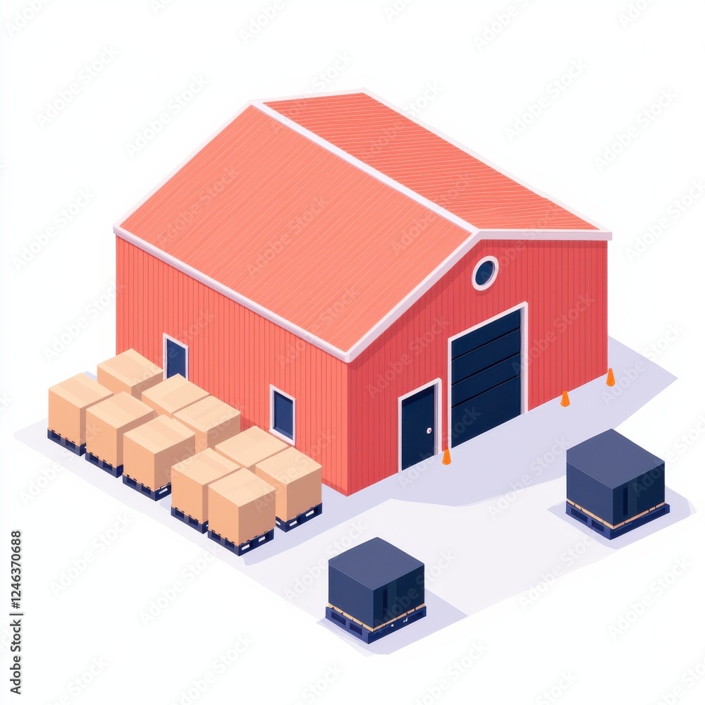 Poster a colorful warehouse with stacked boxes and pallets, ideal for storage and logistics.