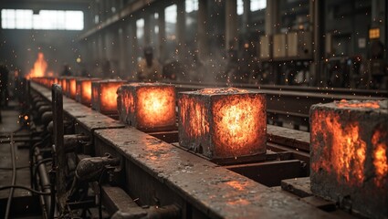 Industrial steel ingots on a conveyor belt symbolizing manufacturing and production efficiency Perfect for industrial and technology concepts