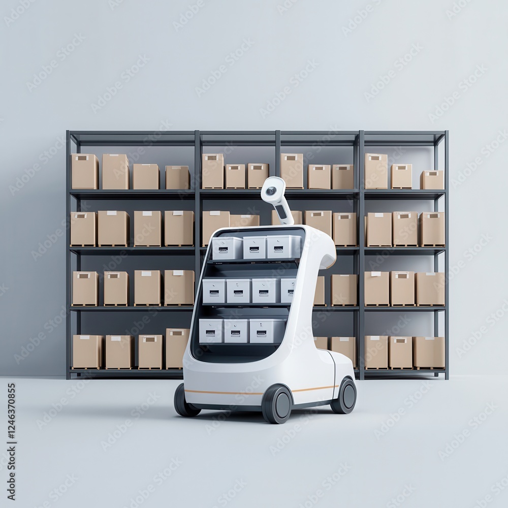 Poster a compact delivery robot stands before a shelving unit filled with boxes, showcasing modern automati