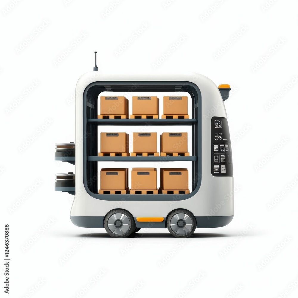 Poster A compact delivery robot featuring multiple storage compartments for packages, designed for efficient and automated transport.