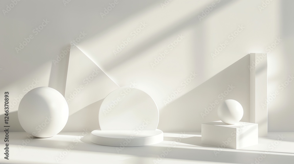 Poster a 3d render of a collection of simple geometric shapes against a white background.