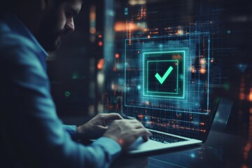 Businessman engages with futuristic interface while making decisions using a laptop in a modern setting