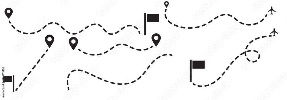 Poster route icon - two points with dotted path and location pin. route location icon two pin sign and dott