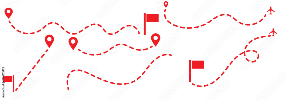 Poster route icon - two points with dotted path and location pin. route location icon two pin sign and dott
