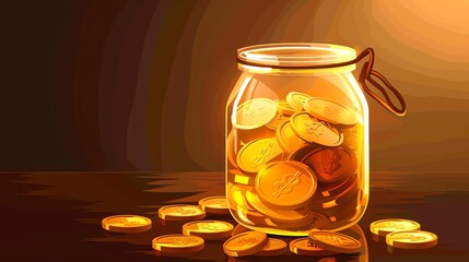 A cartoon-style illustration of a glass jar filled with gold coins, with more coins scattered around it.