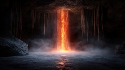 A mesmerizing orange lava flow falls dramatically in a dark cave, illuminating the surrounding rock formations and creating an atmosphere filled with heat and mystery.